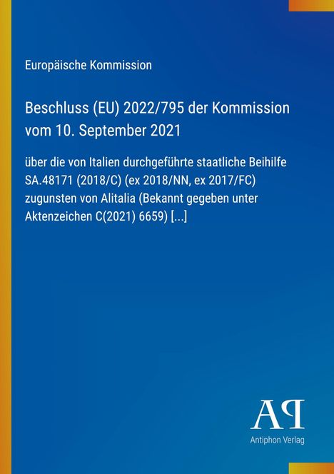 Europäische Kommission, Beschluss (EU) 2022/795 vom 10. September 2021, staatliche Beihilfe für Alitalia. Logos und Farbstreifen.