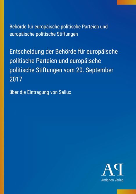 "Entscheidung der Behörde" auf blauer Fläche, unten rechts das weiße Logo des Antiphon Verlags.