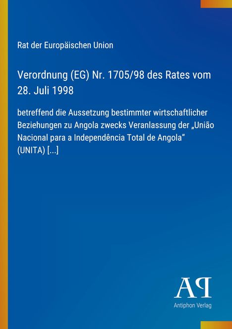 Text über Verordnung der EU zur Aussetzung wirtschaftlicher Beziehungen zu Angola. Blau mit EU-Thema. Logo unten.