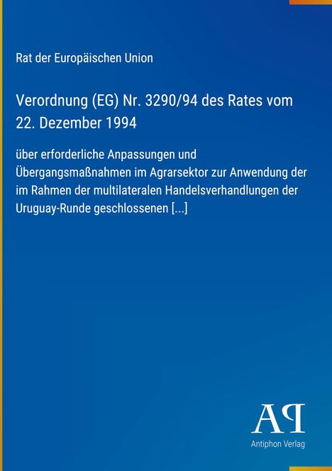 Text über EU-Verordnung von 1994 zu Agrarsektor-Anpassungen. Blaues Layout mit gelbem Rand, Verlagslogo unten.