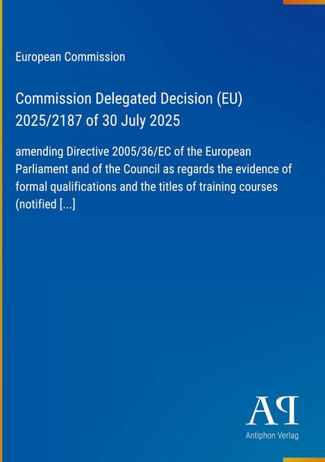 Text über EU-Entscheidung zur Änderung der Richtlinie 2005/36/EG, blaues Design mit weißem Verlagslogo unten.