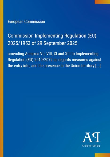 Text: "European Commission, Commission Implementing Regulation (EU) 2025/1953 of 29 September 2025". Blauer Hintergrund.