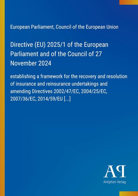 Text zur EU-Richtlinie 2025/1 von 2024, Thema: Versicherungen. Blauer Hintergrund, Logo unten rechts.