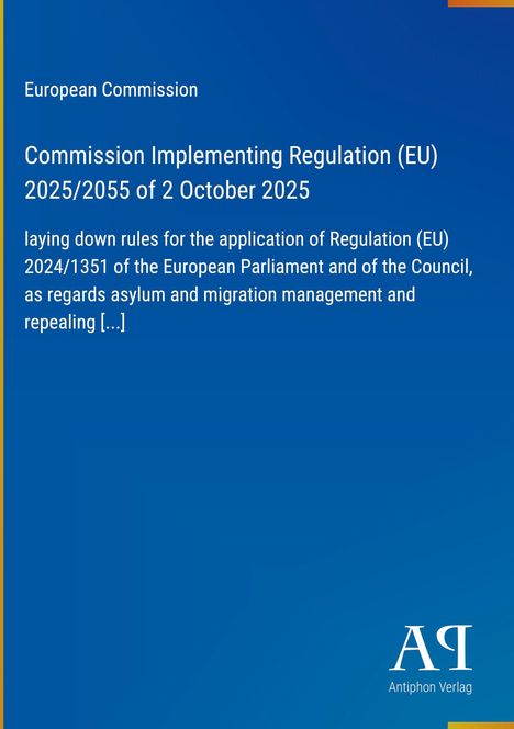 Blauer Hintergrund mit weißem Text: "European Commission, Implementing Regulation (EU) 2025/2055 of 2 October 2025". Unten Logo.