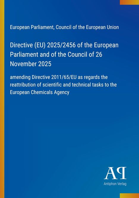 Directive (EU) 2025/2456, EU Parliament, amends Directive 2011/65/EU; blaues Layout mit gelbem Rand und Logo.