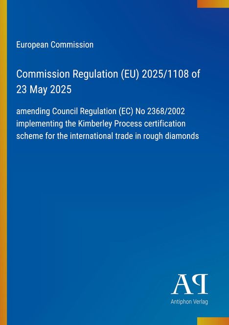 Text erläutert EU-Verordnung zur Diamantzertifizierung. Blaues Layout mit EU-Text und kleinem Verlagslogo unten.