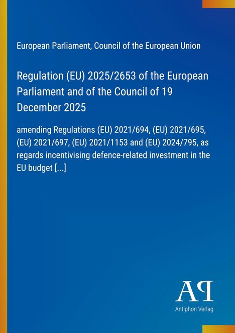 Text über EU-Verordnung, Modernisierung von Vorschriften, blauer Hintergrund, Logo unten rechts, gelbe Akzente links.