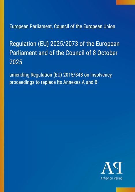 Text auf blauem Hintergrund über ein EU-Regulierungsthema. Unten rechts ein Verlag-Logo.