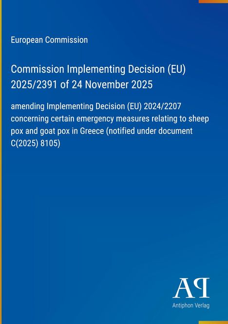 Text über eine Entscheidung der EU-Kommission zur Schaf- und Ziegenpocken in Griechenland. Blaues Hintergrund, Logo unten.