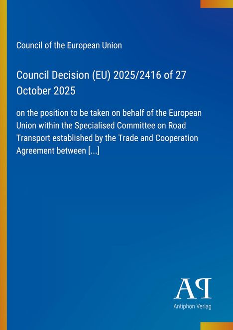 Council Decision (EU) 2025/2416, 27 Oct 2025; blaue Seite, gelber Rand links, Logo unten rechts.