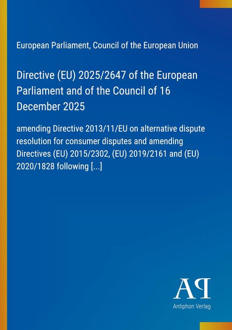 "Directive (EU) 2025/2647 of the European Parliament and of the Council of 16 December 2025" in Weiß auf Blau. Logo unten rechts.