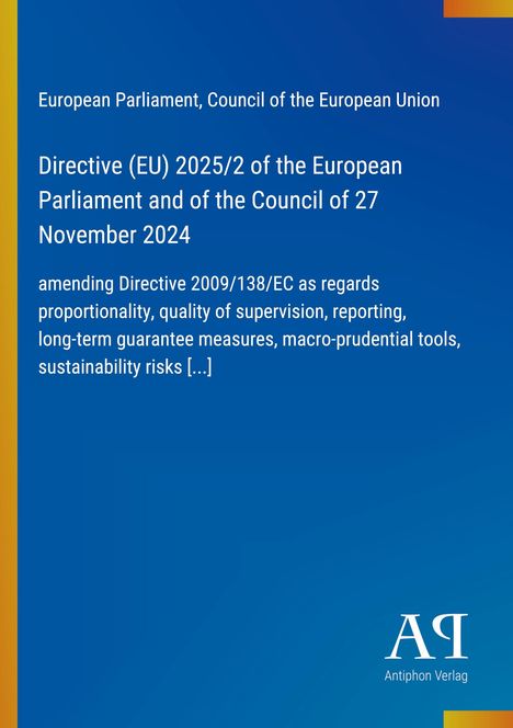 Directive (EU) 2025/2 des Europäischen Parlaments und des Rates. Blaue Illustration mit gelbem Rand. Logo unten rechts.