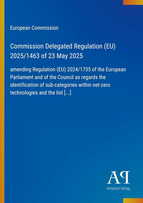Text zur Verordnung der Europäischen Kommission auf blauem Hintergrund. Links farbiger Streifen, rechts Logo.