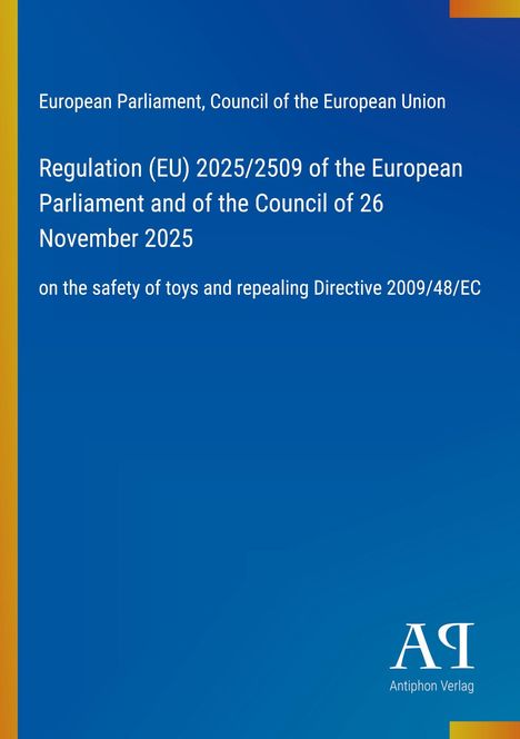 Blauer Hintergrund, links orange Linie. Texte: Regulation (EU) 2025/2509 und Antiphon Verlag.