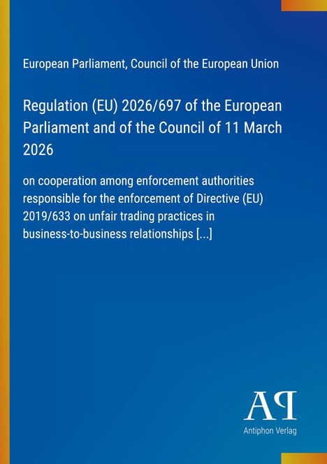 Text der EU-Verordnung auf blauem Hintergrund mit gelbem Rand; Logo des Antiphon Verlags unten rechts.