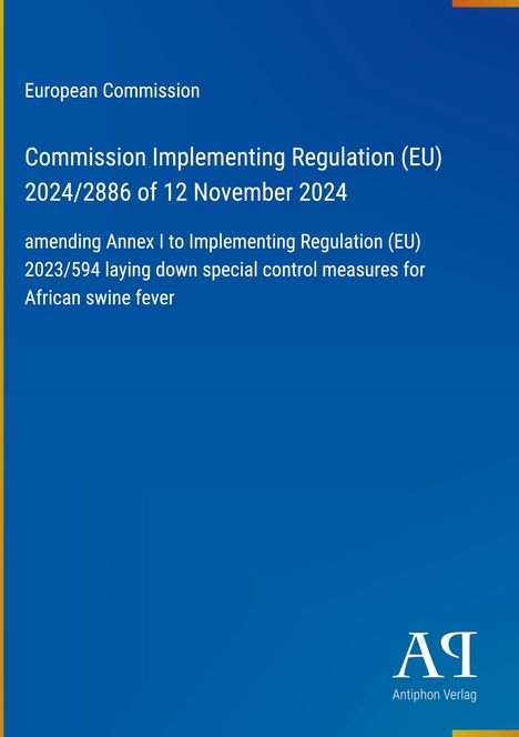 Text über EU-Verordnung zur Bekämpfung der Afrikanischen Schweinepest, blauer Hintergrund, Antiphon Verlag-Logo.