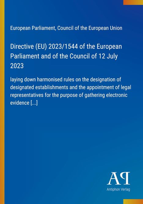 Text über EU-Richtlinie. Blauer Hintergrund, gelber Streifen links, Logo "AQ Antiphon Verlag" rechts unten.