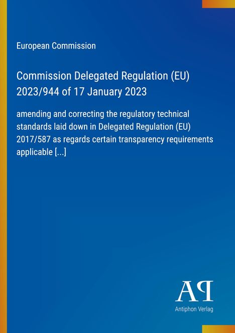 Titel: "Commission Delegated Regulation (EU) 2023/944". Blauer Hintergrund, weißer Text. Logo unten rechts.