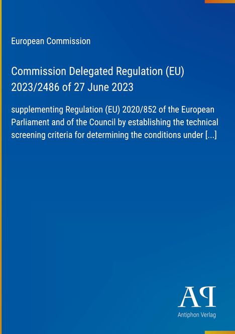 Text: "European Commission, Commission Delegated Regulation (EU) 2023/2486", blauem Hintergrund, unten rechts Logo.