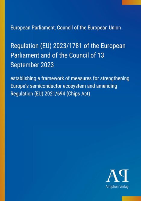 Text zum EU-Gesetz von 2023 über die Halbleiter-Industrie, blauer Hintergrund, Logo unten rechts.