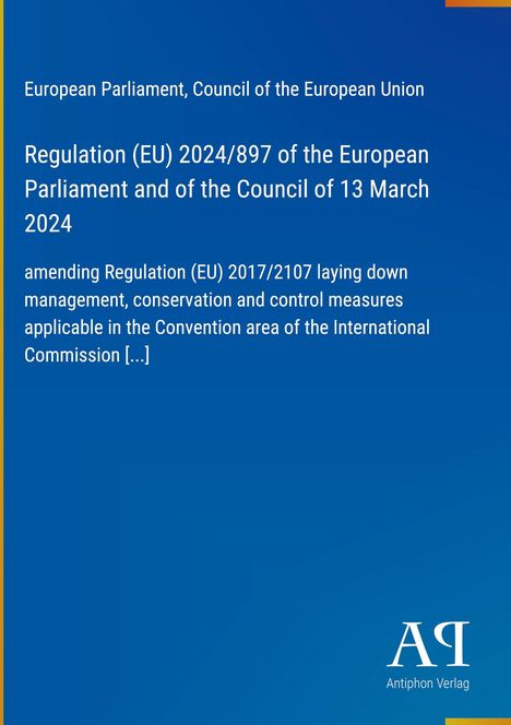 „Regulation (EU) 2024/897“ in Weiß auf blauem Grund. Unten rechts ein weißes Logo mit „Antiphon Verlag“.