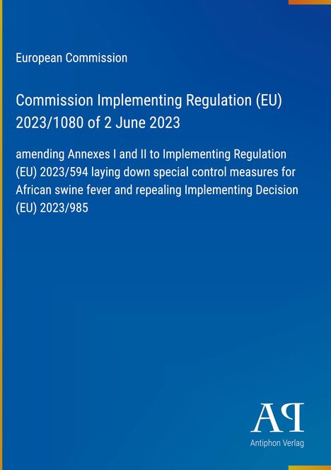 Text zu EU-Verordnung zur Schweinepest. Blaues Layout. Links oben gelbe Linie. Unten rechts Verlag-Logo.
