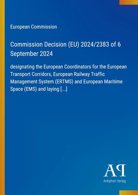 Text über EU-Kommission, Entscheidung betreffend Verkehrskorridore und Systeme. Blauer Hintergrund mit gelbem Rand.