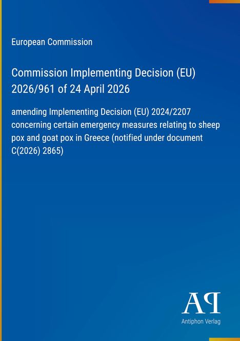 Text über EU-Entscheidung zu Maßnahmen für Schaf- und Ziegenpocken in Griechenland. Blaues Design mit gelbem Rand.