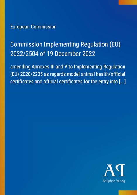 Text mit EU-Verordnung über Tiergesundheitszertifikate auf blauem Hintergrund, gelber Rand links, weißes Logo unten rechts.