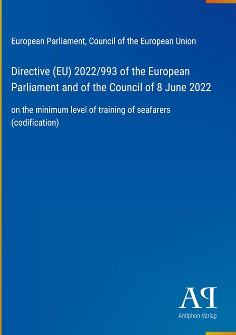 Text über EU-Direktive zur Seefahrerausbildung, blauer Hintergrund, unten rechts Logo „Antiphon Verlag“.