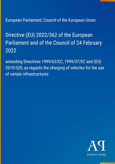 Directive betreffend Laden von Fahrzeugen; blau mit EU-Text, Antiphon Verlag-Logo unten rechts.