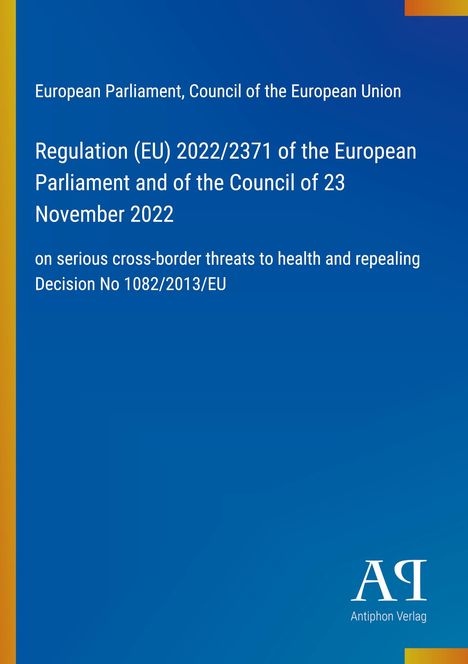 Text über EU-Verordnung auf blauem Hintergrund. Links gelber Streifen, unten rechts kleines Logo "Antiphon Verlag".