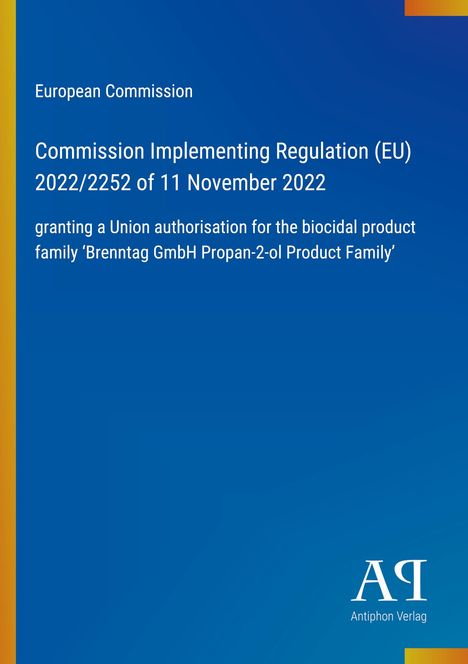 Oben: "European Commission". Mitte: Titel der Verordnung. Unten rechts: "Antiphon Verlag" mit Logo. Hintergrund in Blau.