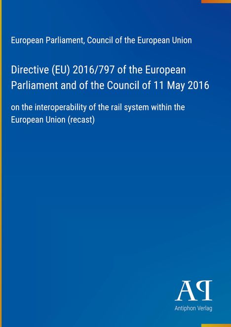 Text: "Directive (EU) 2016/797 on rail system interoperability." Blaues Cover mit Verlag-Logo unten rechts.
