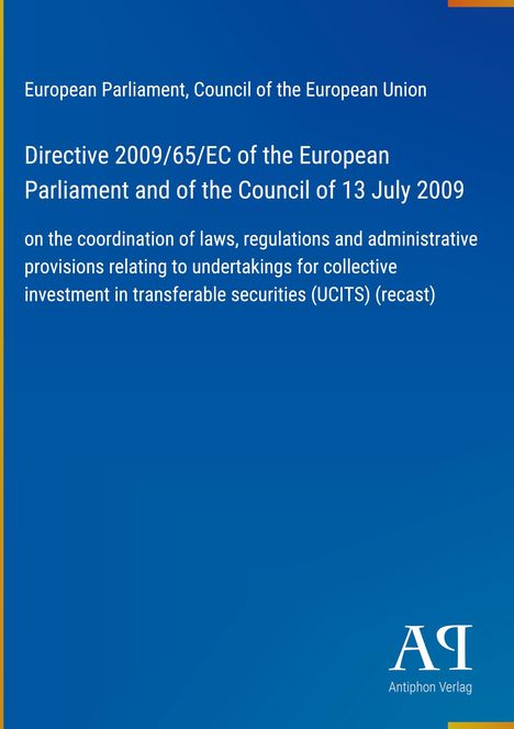 Blauer Hintergrund, oben Text über EU-Direktive 2009/65/EC. Unten rechts ein weißes AR-Logo des Antiphon Verlags.