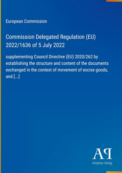 Text zur EU-Verordnung 2022/1636, blaue Fläche, Logo "AR" unten rechts, "Antiphon Verlag" darunter.