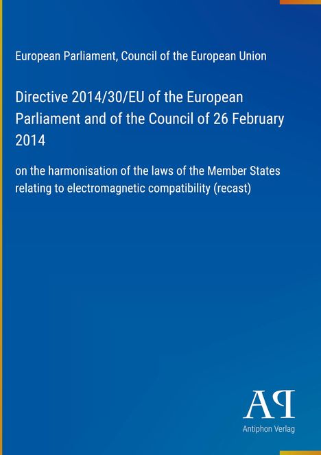 "Directive 2014/30/EU...harmonisation of laws...electromagnetic compatibility" auf blauem Hintergrund mit Logo "AΛ".
