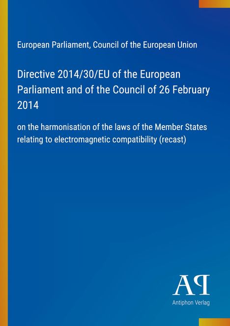Text zur EU-Richtlinie über elektromagnetische Verträglichkeit auf blauem Hintergrund, links gelber Streifen. Logo unten rechts.