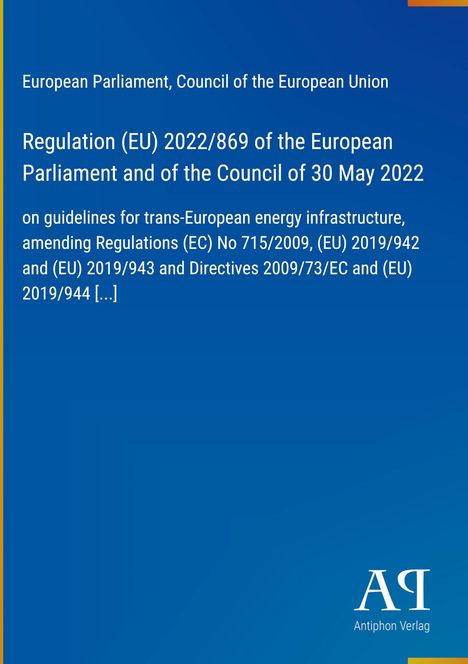 Regulation (EU) 2022/869 zur trans-europäischen Energieinfrastruktur, mit blauem Hintergrund und einem Logo unten rechts.