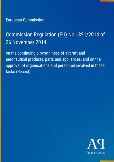 Text der EU-Verordnung zur Lufttüchtigkeit. Blauer Hintergrund, "Antiphon Verlag"-Logo unten rechts.