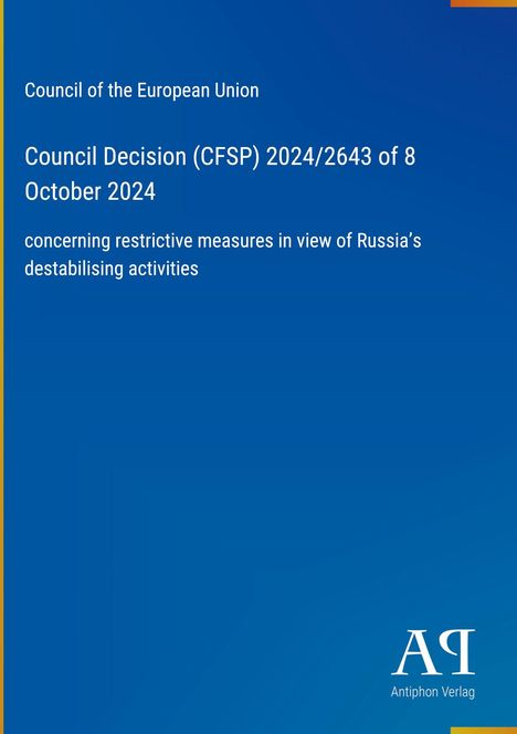 Council Decision (CFSP) 2024/2643 von 8. Oktober 2024, EU-Dokument zu Sanktionen gegen Russland, blaues Titelbild.
