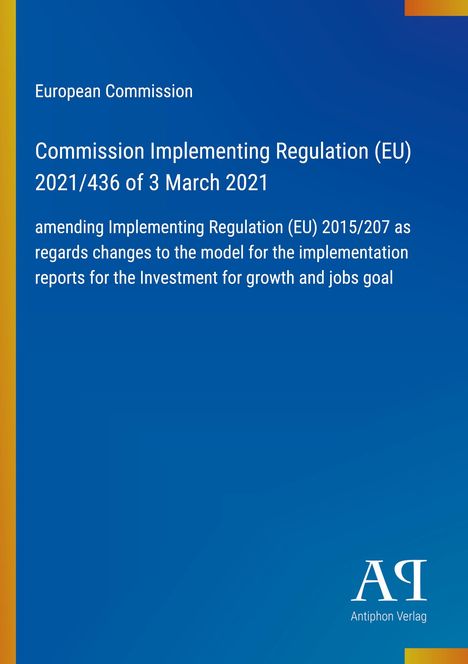 Text: "European Commission" und Verordnungstext. Rechts unten ein Logo. Hintergrund in Blau und Gelb.