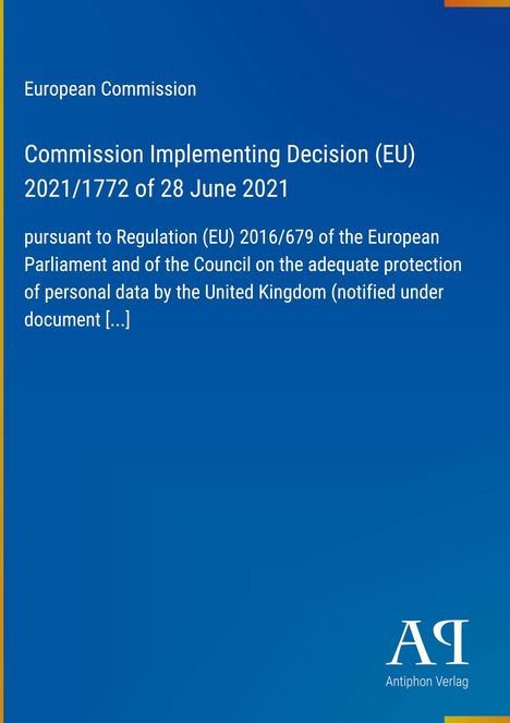 Text über die Entscheidung der Europäischen Kommission zu Datenschutz. Blaues Design mit Logo unten rechts.