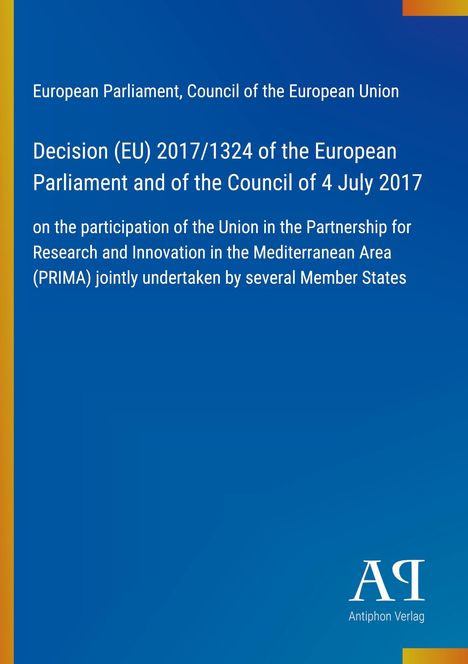 Text über EU-Entscheidung 2017/1324 zur Mittelmeer-Forschung. Blaues Design mit gelbem Rand und Verlag-Logo.