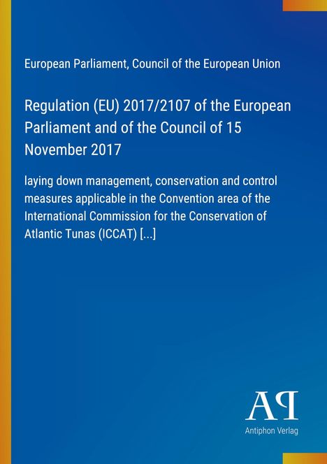 Titel und Informationen über eine EU-Verordnung zum Management und Schutz von Tunfischen. Blaues Layout.