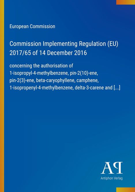 Text: Commission Implementing Regulation (EU) 2017/65. Hintergrund: Blau mit gelben und orangefarbenen Streifen.