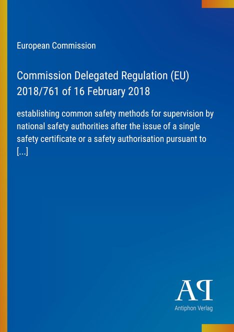 Ein blauer Hintergrund mit Text zur EU-Verordnung 2018/761 und einem weißen Logo unten rechts für Antiphon Verlag.