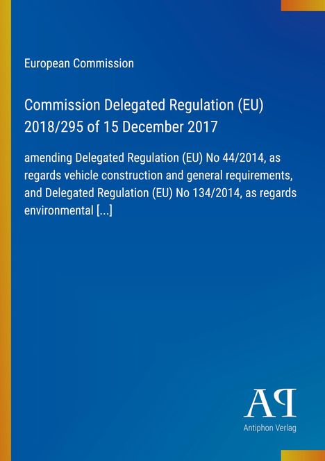 Titel: Delegated Regulation (EU) 2018/295. Blauer Hintergrund mit gelbem Rand links. Unten ein Logo.