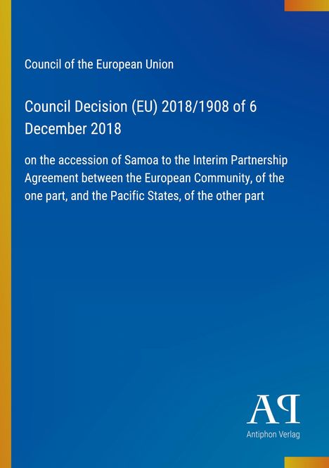 Council Decision (EU) 2018/1908 of 6 December 2018, Beitritt Samoas; blaues Design, Logo unten rechts.