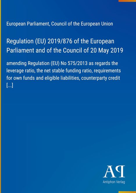 „Regulation (EU) 2019/876“ steht in Weiß auf blauem Hintergrund. Rechts unten das weiße Logo „AQ Antiphon Verlag“.